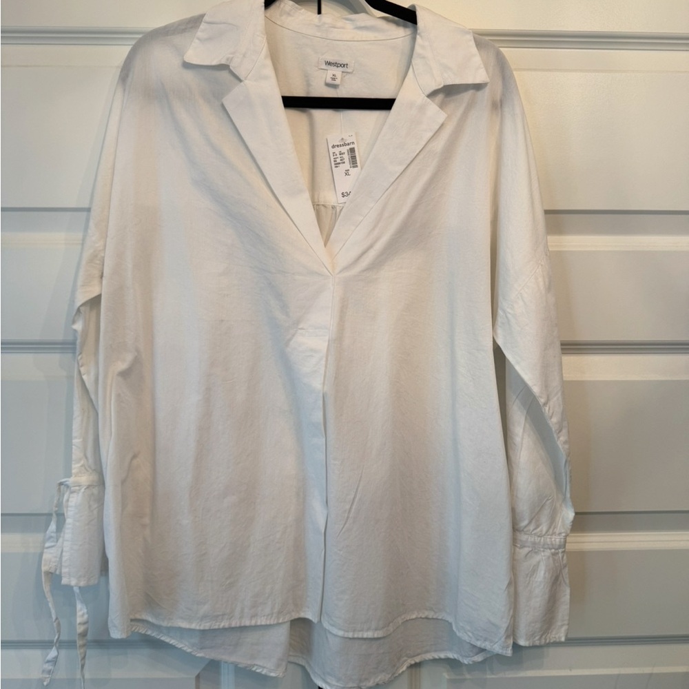 NWT WESTPORT CRISP WHITE V NECK COLLAR POPLIN BLOUSE BOWS ON THE CUFF